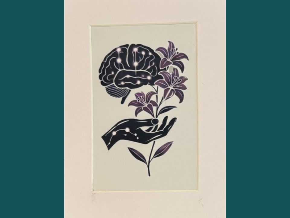 Illustration of a brain cradled by two hands, with purple lilies intertwined, symbolising care and growth