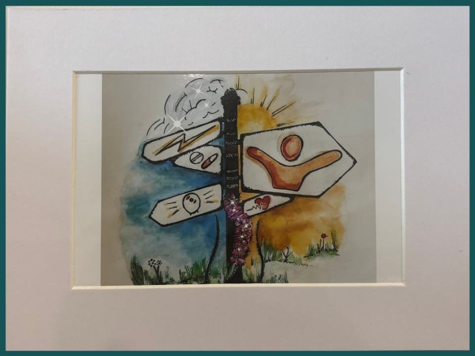 Signposts by Marion Mulhern – a colourful crossroads scene symbolising the MS journey, with contrasting stormy and sunny paths.