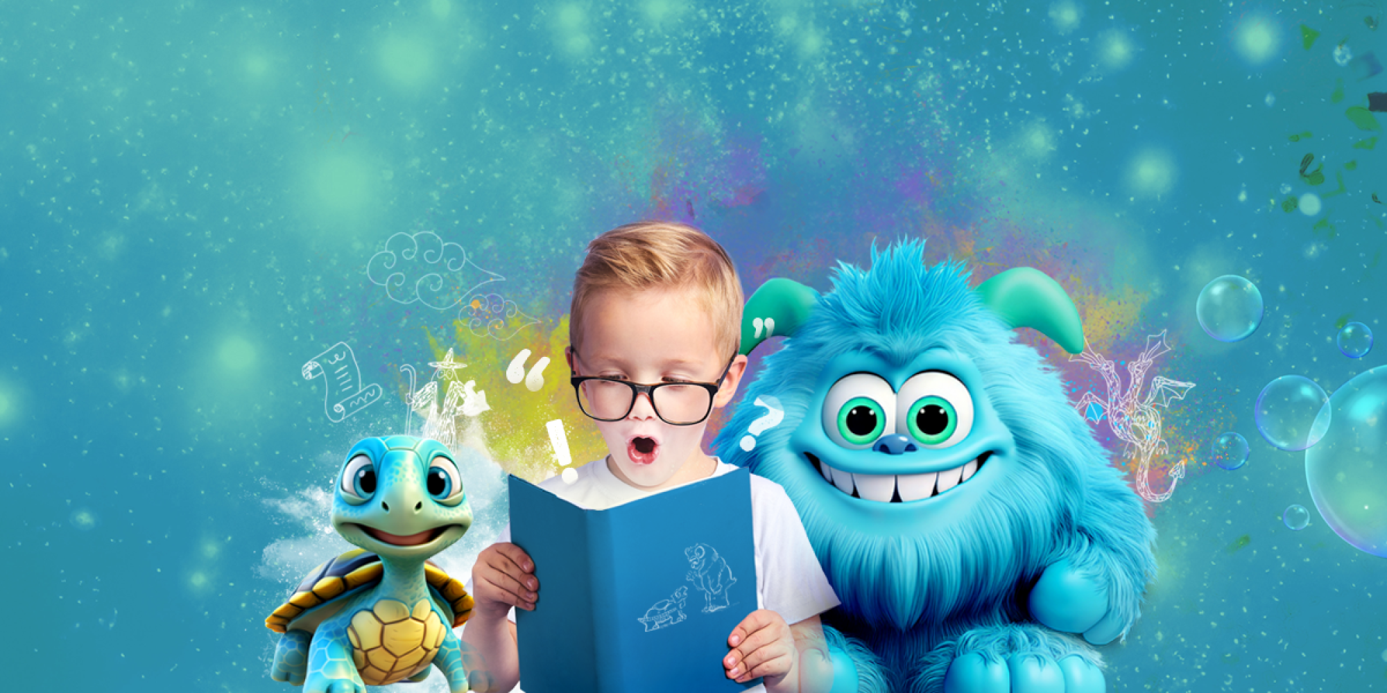 blue background, bubbles, person reading book