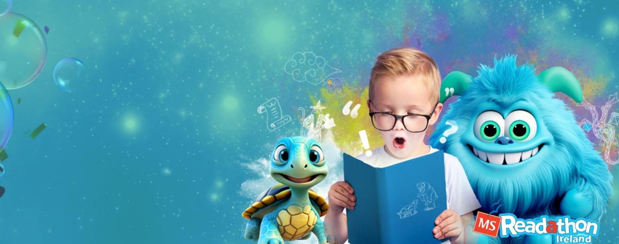 blue background, bubbles, person reading book with blue character and turtle