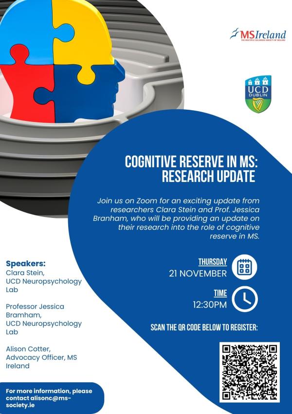 Poster for an online event, 'Cognitive Reserve in MS: Research Update,' featuring a colorful puzzle graphic of a human head inside a maze. The event is on November 21 at 12:30 PM via Zoom, with speaker and contact details, plus a QR code for registration.