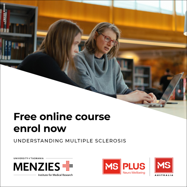 Two people sitting and looking at a computer in an office space, with an advertisement for a free Understanding MS online course. The image includes logos related to the course.