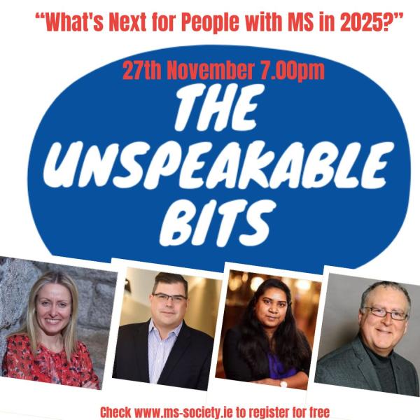  Poster for the upcoming 'The Unspeakable Bits' webinar on a white background. Features headshots of four panelists involved in the discussion.