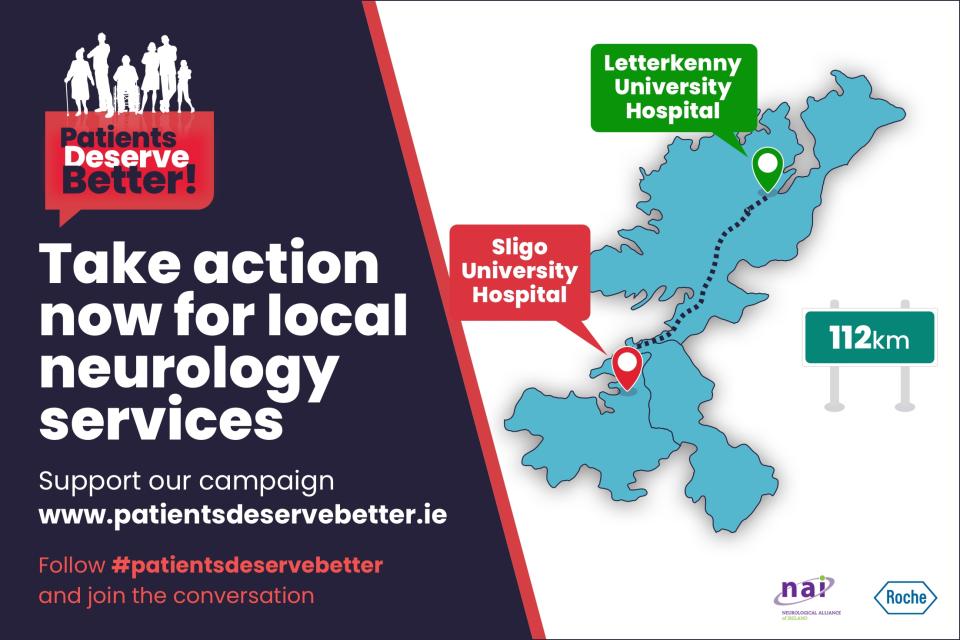 Flyer showing a map with Letterkenny University Hospital and Sligo University Hospital marked. It urges action for local neurology services, highlighting a 112km distance between hospitals.