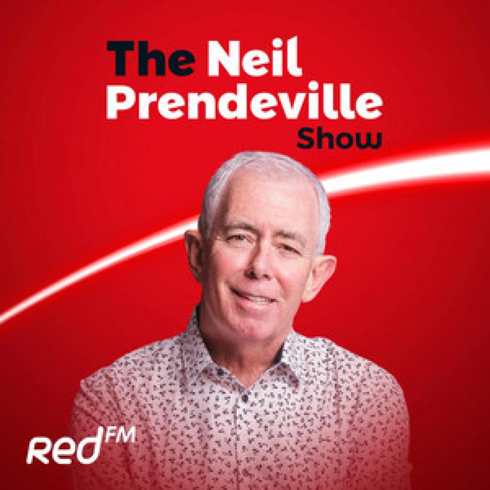red background, presenter and logo of radio station red fm