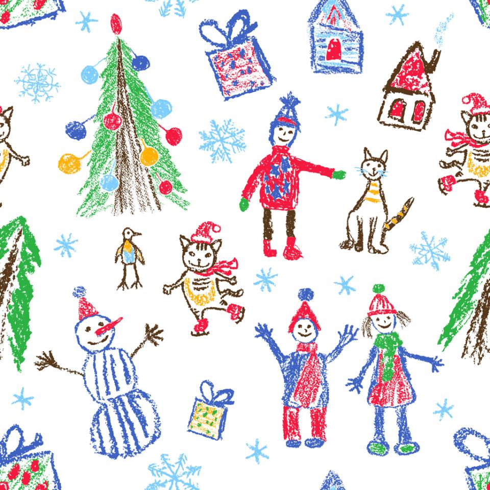 A crayon drawing of a Christmas scene with a tree, gifts, and cheerful people