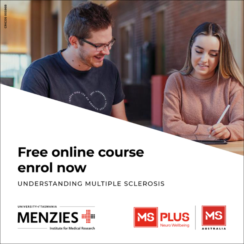 Two people, one holding a pen, with logos visible, promoting the free online Understanding MS course