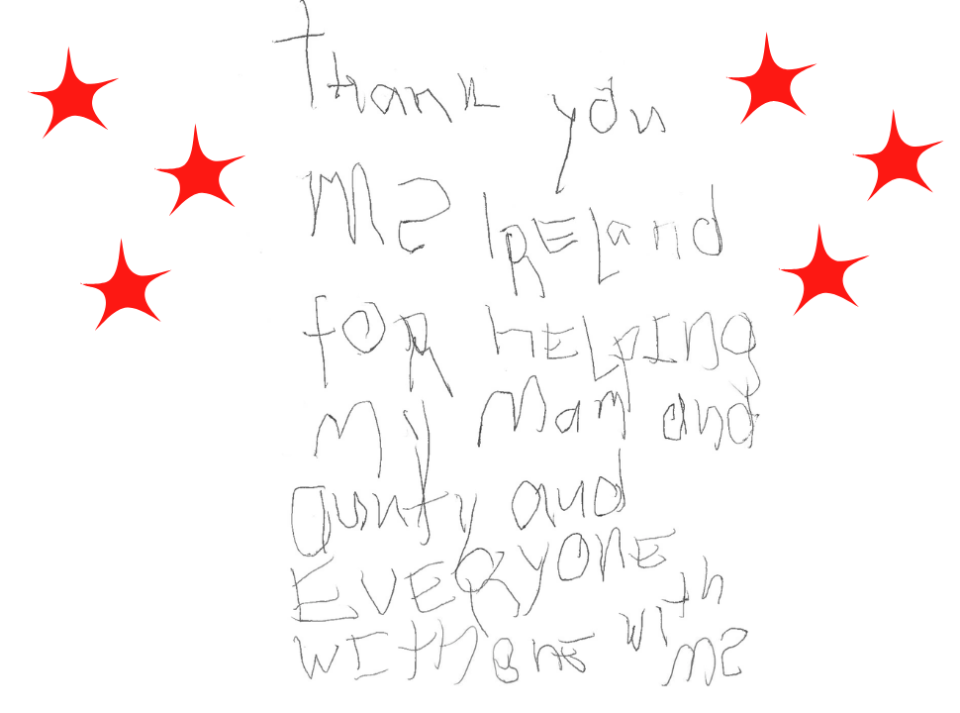 Image of a white background with red stars scattered across it, accompanied by a handwritten letter from Evan, age 7