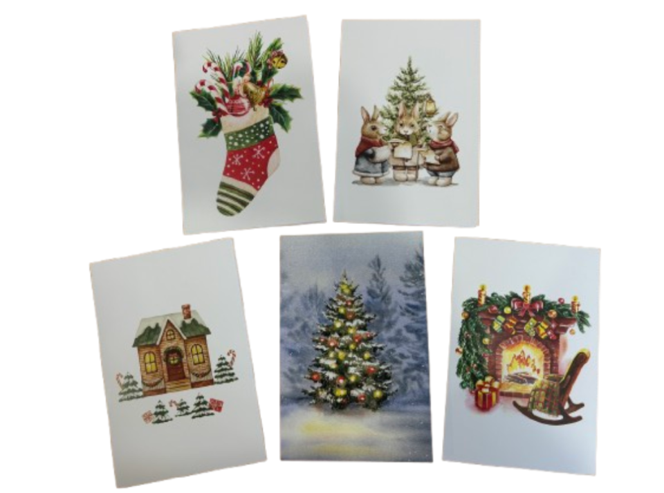 Five Christmas cards displayed on a white background, featuring festive designs.