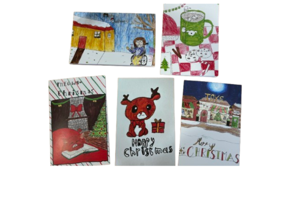 Five unique designs of children's Christmas cards displayed on a white background.