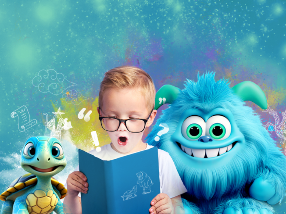 blue background, bubbles, person reading book and animated character