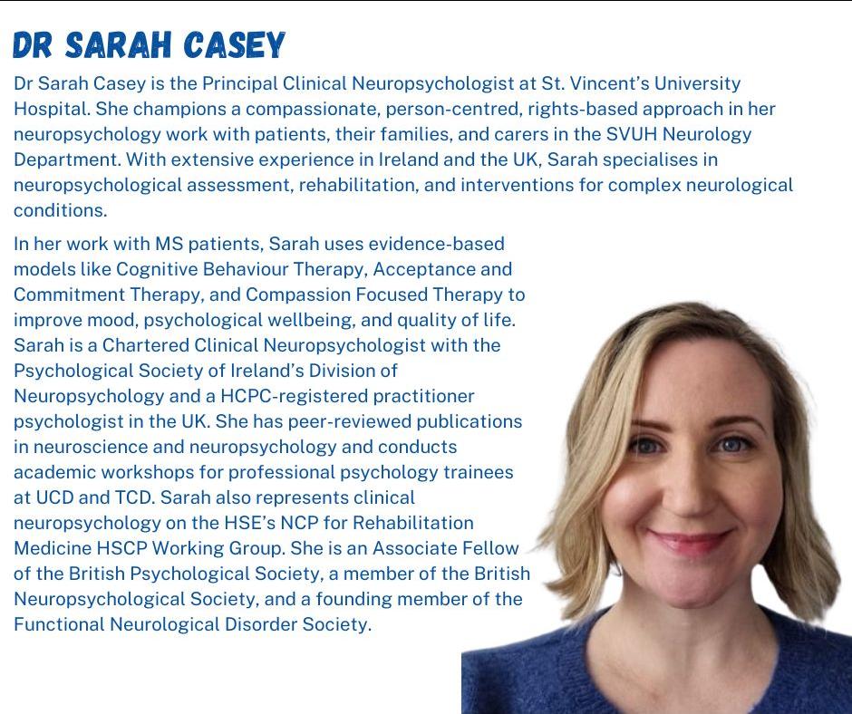 Image of Dr Sarah Casey on a white background with blue text outlining her bio