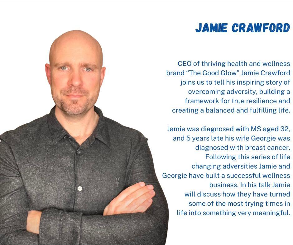 Image of Jamie Crawford on a white background with blue text outlining his bio