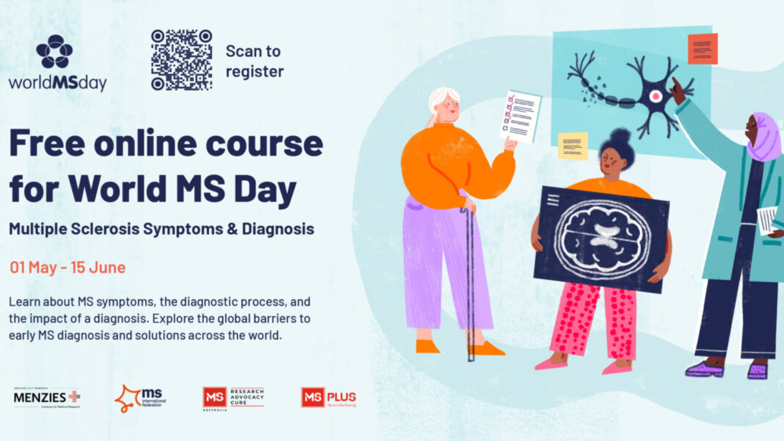 Illustration featuring the World MS Day logo with a QR code providing information about the online course.